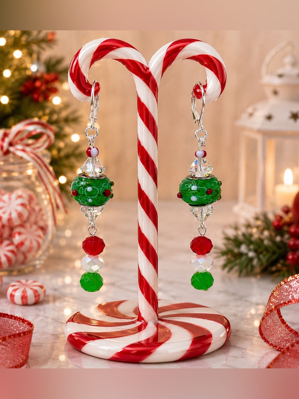Handmade Green and Red Beaded Earrings